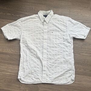 Tommy Hilfiger |White Short-Sleeve Green Pinstripe Button-Down 100% Cotton Large